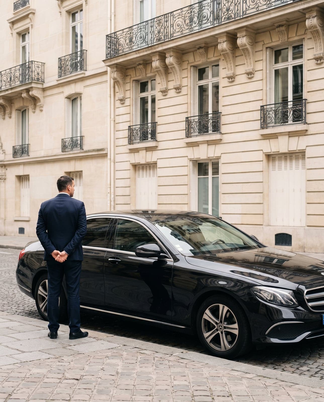 Chauffeur de dos près d'une berline noire garée devant un immeuble parisien